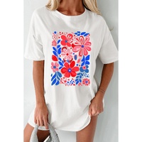 White Floral Print Half Sleeve Round Neck Oversized Tee - M thumbnail
