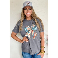 Gray US Flag Bow Print Round Neck Loose T Shirt - M thumbnail