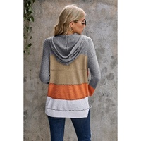 Gray Zipped Front Colorblock Hollow-out Knit Hoodie - S thumbnail
