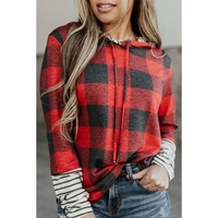 Azura Exchange Plaid Striped Patchwork Drawstring Hoodie - L thumbnail