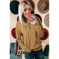 Khaki Drawstring Kangaroo Pocket Henley Hoodie - L thumbnail
