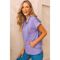 Purple Short Sleeve Buttoned Neck Kangaroo Pocket Hoodie - 2XL thumbnail