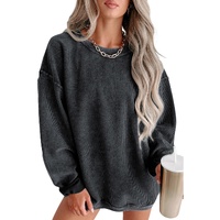 Black Solid Ribbed Knit Round Neck Pullover Sweatshirt - S thumbnail