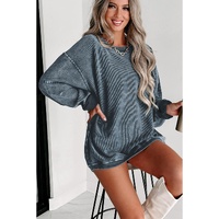 Blue Solid Ribbed Knit Round Neck Pullover Sweatshirt - S thumbnail