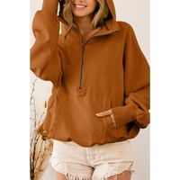 Brown Ribbed Trim Kangaroo Pocket Zipped Hoodie - L thumbnail