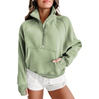 Smoke Green Fleece Lined Zip Up Stand Collar Thumbhole Sleeve Sweatshirt - 2XL thumbnail