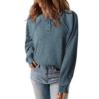 Sea Green Waffle Knit Raglan Sleeve Henley Sweatshirt - L thumbnail