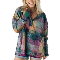 Multicolor Brushed Plaid Buttoned Pullover Oversized Hoodie - L thumbnail