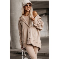 Beige Solid Color Pocketed Button Up Loose Hoodie - L thumbnail