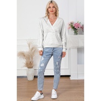 Gray Contrast Trim V Neck Wrap Sweatshirt with Pocket - L thumbnail