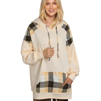 Khaki Plaid Patchwork Kangaroo Pocket Oversized Hoodie - S thumbnail