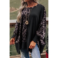 Black Leopard Patchwork Bishop Sleeve Slit Sweatshirt - S thumbnail