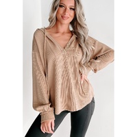 Khaki Buttoned V Neck Drawstring Knit Hoodie - M thumbnail
