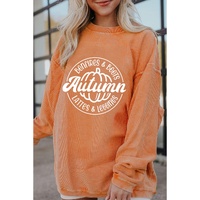 Orange Autumn Pumpkin Graphic Print Corded Oversized Sweatshirt - L thumbnail