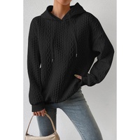 Black Cable Textured Casual Drawstring Hoodie - L thumbnail