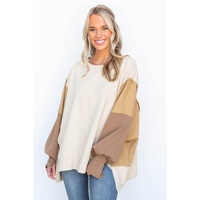Khaki Color Block Sleeve Patchwork Oversized Sweatshirt - S thumbnail