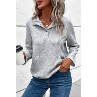 Light Grey Textured Knit Buttoned Kangaroo Pocket Sweatshirt - L thumbnail