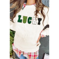 White LUCKY Chenille Embroidered Cable Knit Pullover Sweatshirt - L thumbnail