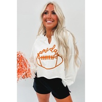 Bright White Game Day Lettering Rugby Notched Neck Sweatshirt - L thumbnail