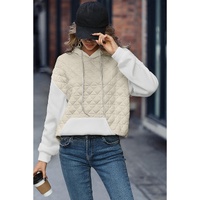Beige Drop Shoulder Quilted Patchwork Kangaroo Pocket Hoodie - XL thumbnail