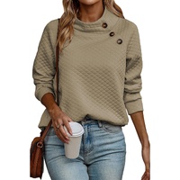 Apricot Quilted Buttoned Neckline Stand Neck Pullover Sweatshirt - M thumbnail