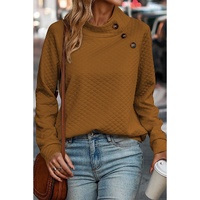 Chestnut Quilted Buttoned Neckline Stand Neck Pullover Sweatshirt - L thumbnail