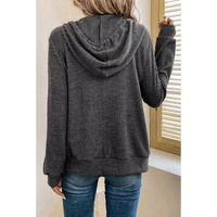 Dark Grey Ribbed Zip Up Front Drawstring Hoodie - L thumbnail