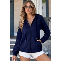 Navy Blue Solid Color Fleece Lined Zip up Hoodie - 2XL thumbnail