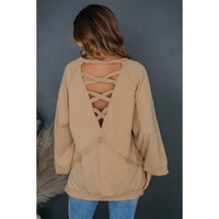 Light French Beige Solid Color Lattice Hollow Out Back Sweatshirt - L thumbnail