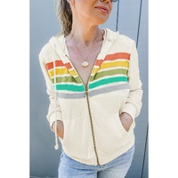 Apricot Colorblock Striped Patchwork Side Pockets Zipper Hoodie - M thumbnail