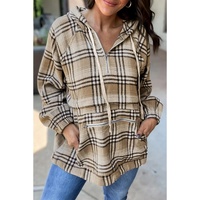 Khaki Printed Zipped Front Pullover Plaid Hoodie - L thumbnail