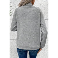 Gray Asymmetric Buttons Detail High Neck Textured Sweatshirt - XL thumbnail