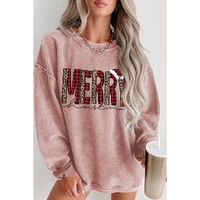 Pink MERRY Christmas Plaid Leopard Print Corded Sweatshirt - M thumbnail