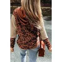 Brown Textured Knit Patchwork Leopard Hoodie - L thumbnail