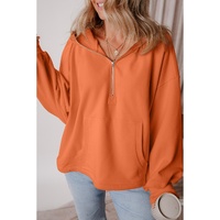 Orange Fleece Lined Half Zipper Kangaroo Pockets Loose Hoodie - L thumbnail
