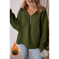 Moss Green Fleece Lined Half Zipper Kangaroo Pockets Loose Hoodie - 2XL thumbnail