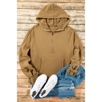 Brown Fleece Lined Half Zipper Kangaroo Pockets Loose Hoodie - L thumbnail