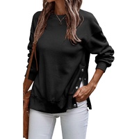 Black Snap Buttons Side Splits Pullover Sweatshirt - L thumbnail