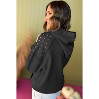 Black Solid Color Rivet Stud Raglan Sleeve Hoodie with Pocket - 2XL thumbnail