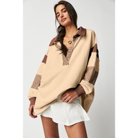 Light French Beige Striped Colorblock Patchwork Collar Sweatshirt - 2XL thumbnail