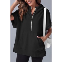 Black Half Zipper Kangaroo Pocket Short Sleeve Hoodie - L thumbnail