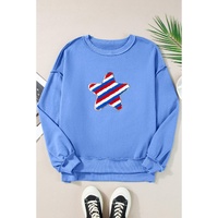 Sky Blue Sequin Trim Embroidered Star USA Pattern Sweatshirt - L thumbnail