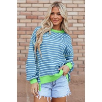 Sky Blue Stripe Contrast Trim High Low Pullover Tunic Sweatshirt - L thumbnail
