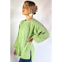 Light Green Solid Color Textured Side Split Crew Neck Blouse - L thumbnail