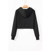 Black Solid Drop Shoulder Drawstring Cropped Hoodie - M thumbnail