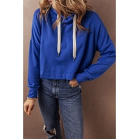 Dark Blue Solid Drop Shoulder Drawstring Cropped Hoodie - L thumbnail