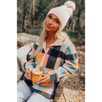 Black Plaid Print Pocketed Half Button Collared Sweatshirt - L thumbnail