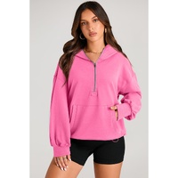 Bonbon Solid Kangaroo Pocket Half Zipper Oversized Hoodie - L thumbnail