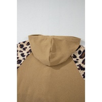 Light French Beige Leopard Print Patchwork Raglan Sleeve Half Buttons Hoodie - L thumbnail