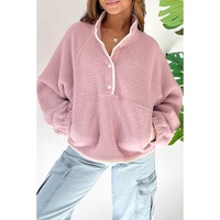 Fushia Stand Neck Half Button Zip Pocket Plush Sweatshirt - L thumbnail